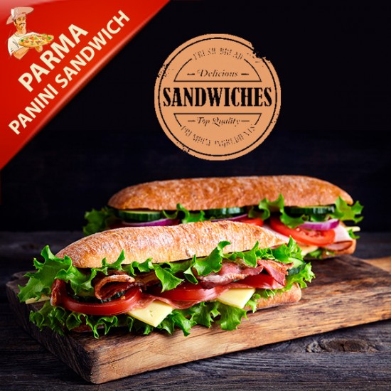 Parma Sandwich med mozzarella, parma, rucola, soltørrede tomater, pesto og parmesan (Nr. 35)