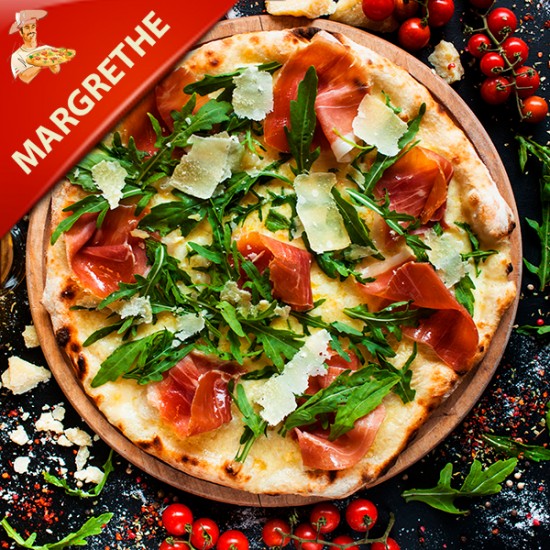 Pizza Margrethe med tomat, mozzarella, frisk basilikum